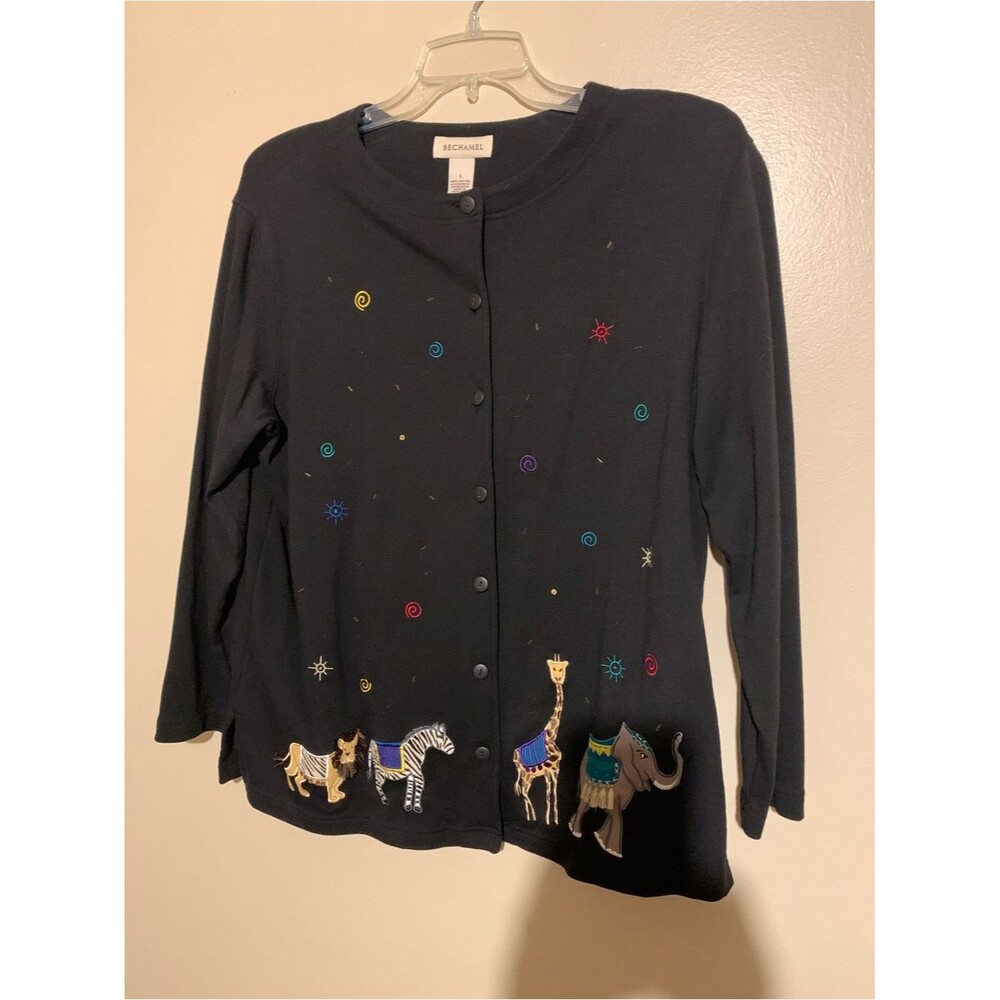 Bechamel Zoo Black Cotton Jacket Embroidered Zoo Animals Large vtg